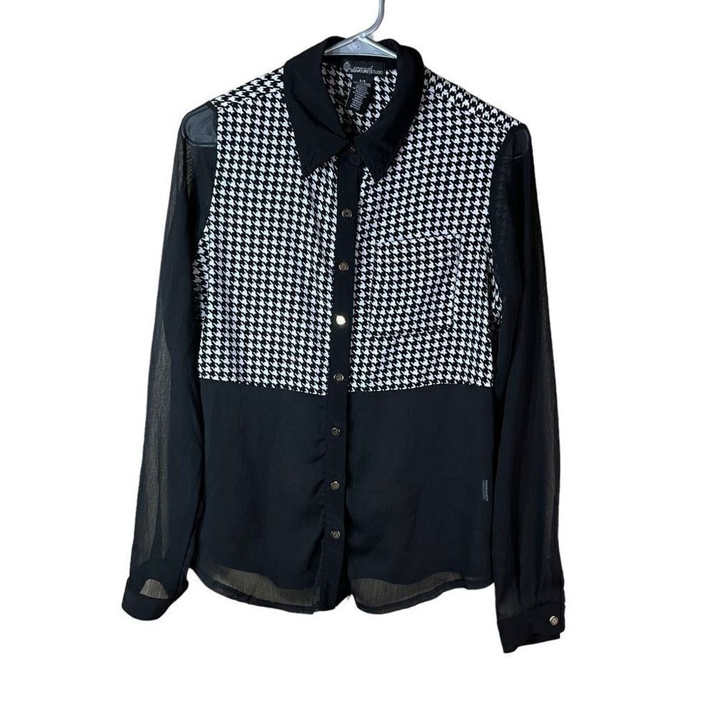 Vintage Signature Studio houndstooth semi sheer blouse size small